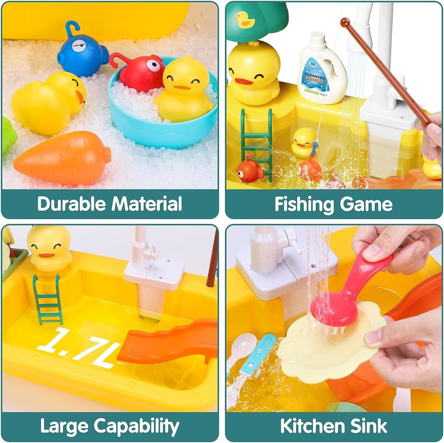 Play Sink with Running Water Toddler Sink Toy Automatic Water Fishing Game Dish Rack Play Food Pretend Play Kitchen Sink Toy