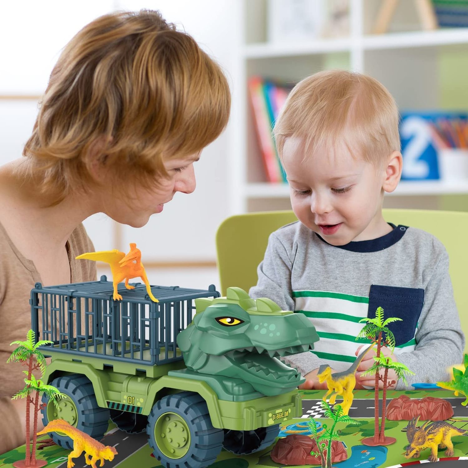 Dinosaur Transport Truck Play set Large Size Tyrannosaurus Vehicle Carrier Car Toys Monster Truck with 12 Dino Figures