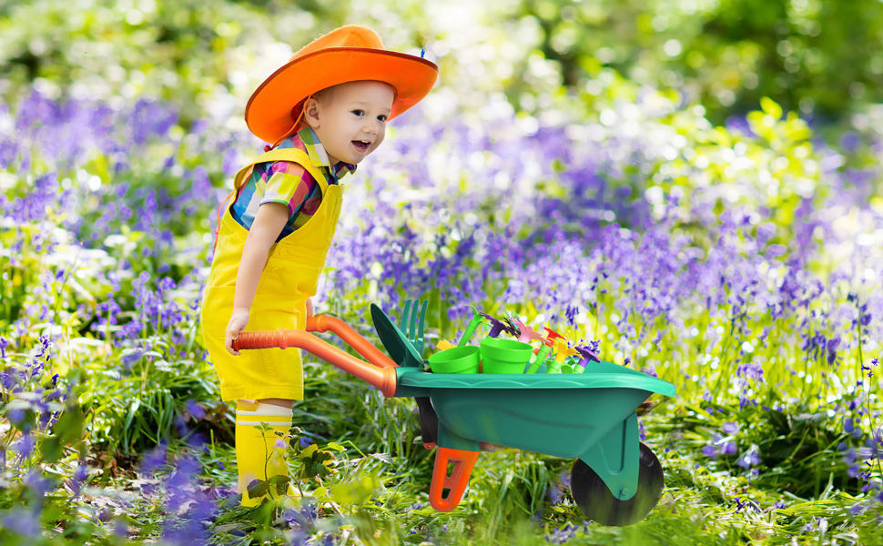 Gardening Set Tool Kit for Kids STEM Includes Tote Bag, Spade, Watering Can, Rake, Fork, Trowel and Gloves