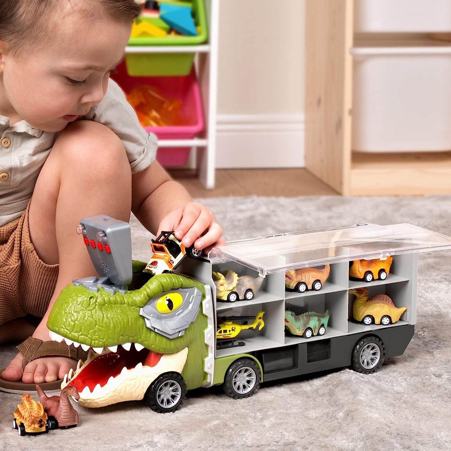 13 in 1 Dinosaur Truck for Kids, with 12 Pull Back Dinosaur Car Vehicles