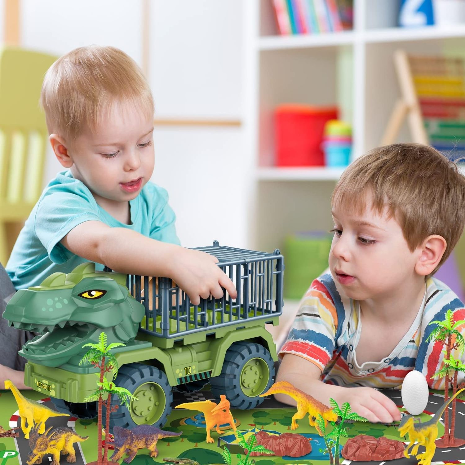 Dinosaur Transport Truck Play set Large Size Tyrannosaurus Vehicle Carrier Car Toys Monster Truck with 12 Dino Figures