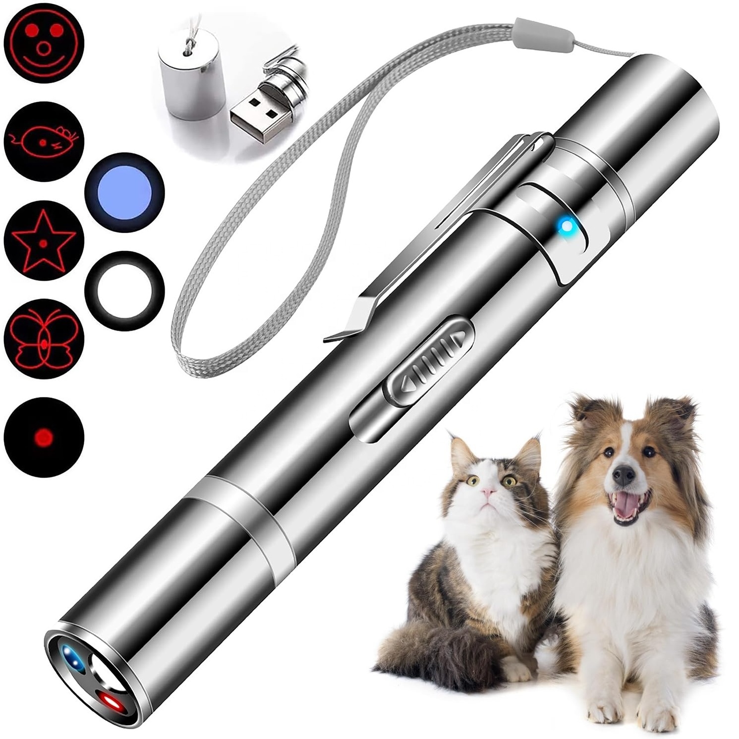 Cat Toy Laser Pointer with 5 Adjustable Patterns USB Recharge Laser Long Range and 3 Modes Training Chaser Interactive Toy