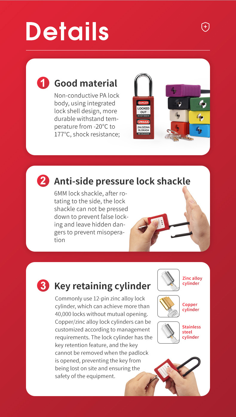 China Manufacturer's 76mm Insulation Nylon Shackle Padlock Long Lock Body & Non-Conductive Cylinder Lock Product