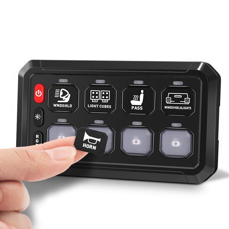 New RGB 8 Gang Switch Panel, Multifunction Auxiliary Switch Pod Momentary Strobe Circuit Control Box