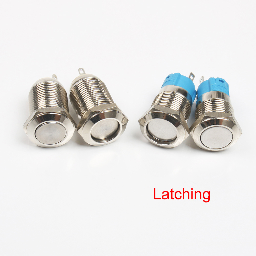 Latching/fix high/flat head 12mm metal on-off waterproof push button switch without led