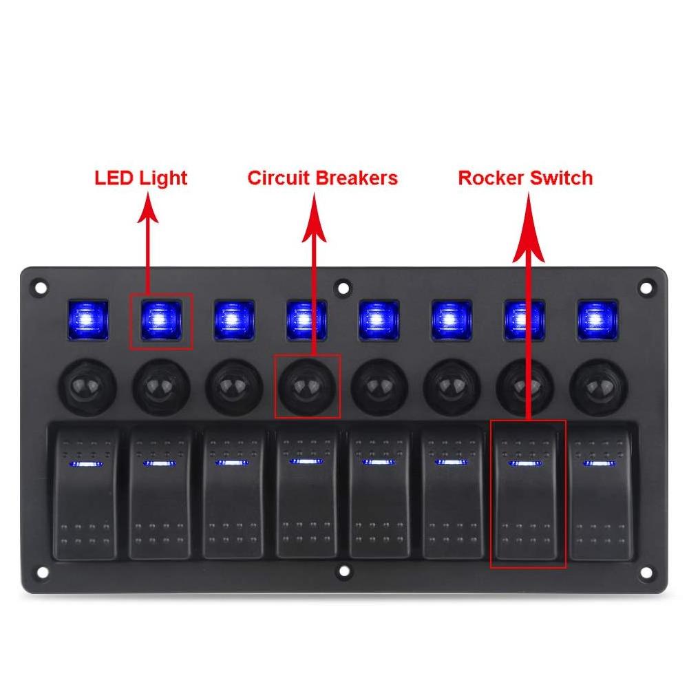 8 Gang Boat Rocker Switch Panel Waterproof Marine Switch Panel 12V Aluminum Switch Panel ON/Off with Circuit Breaker