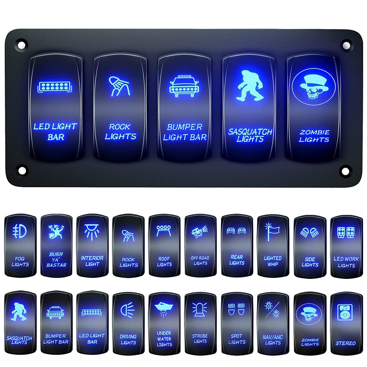 Customize Toggle Switch Panel 5 Gang Rocker Light Bar Switches Waterproof for Pickup Truck Car UTV Off Road Marine