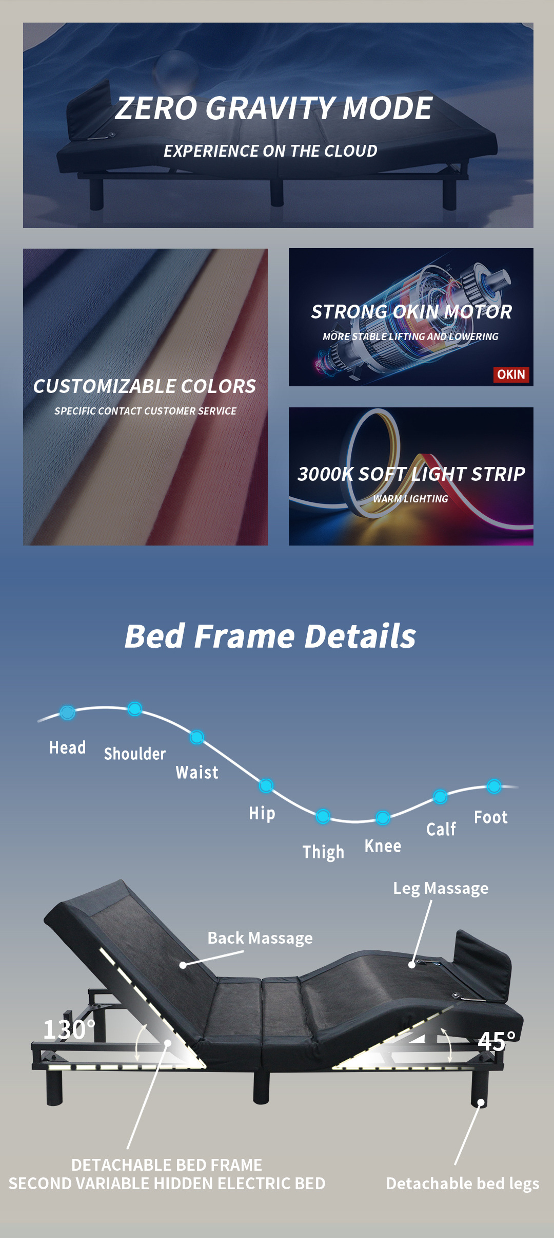 Modern smart bed wired remote control zero clearance vibrating electric adjustable bed mechanism for bedroom furniture