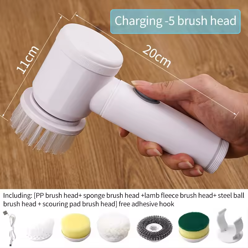 IPX6 Waterproof ABS 17000RPM Homeuse Handheld USB Charge 5 in 1 Spin Scrubber Electric Cleaning Brush For Tile Bath Sink