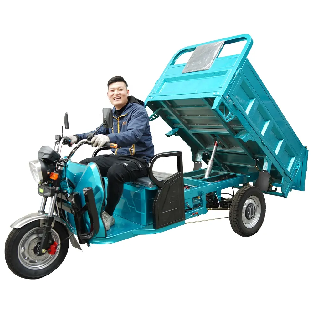 60v Electric 3-Wheel Tricycles Open Body Motorized Cargo Bike with Automatic Lifting Hydraulic Rod Front Disc & Rear Drum Brake