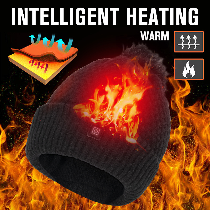 Black Heated Pom Pom Knitted Hat  3.7V Rechargeable Battery Electric Winter Heated Beanie Head Warmer for Man and Women