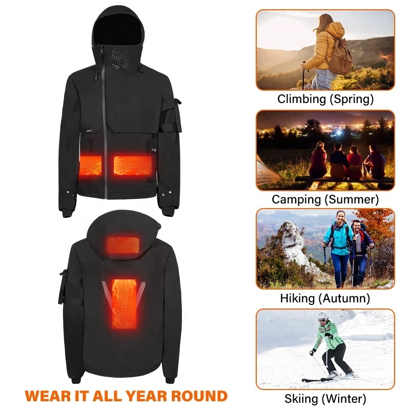 Unisex for all seasons Electric Heated Softshell Jacket Waterproof windproof UV-proof Multi-function heated hooded Mask jacket