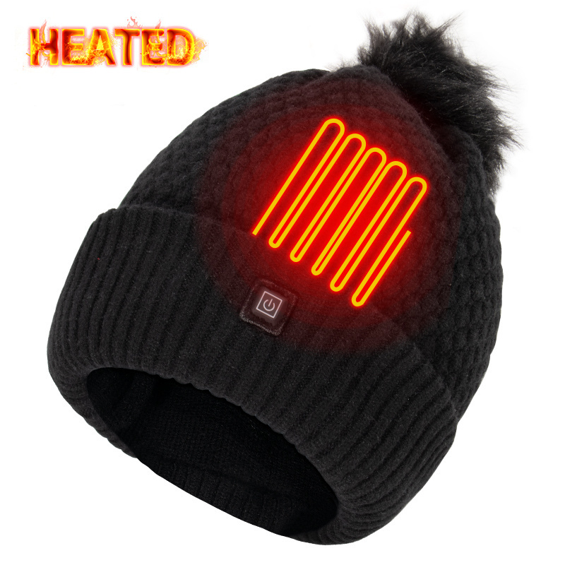 Black Heated Pom Pom Knitted Hat  3.7V Rechargeable Battery Electric Winter Heated Beanie Head Warmer for Man and Women