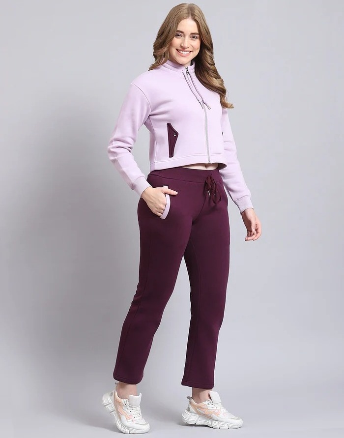 Women Purple Solid Stand Collar Full Sleeve Tracksuit