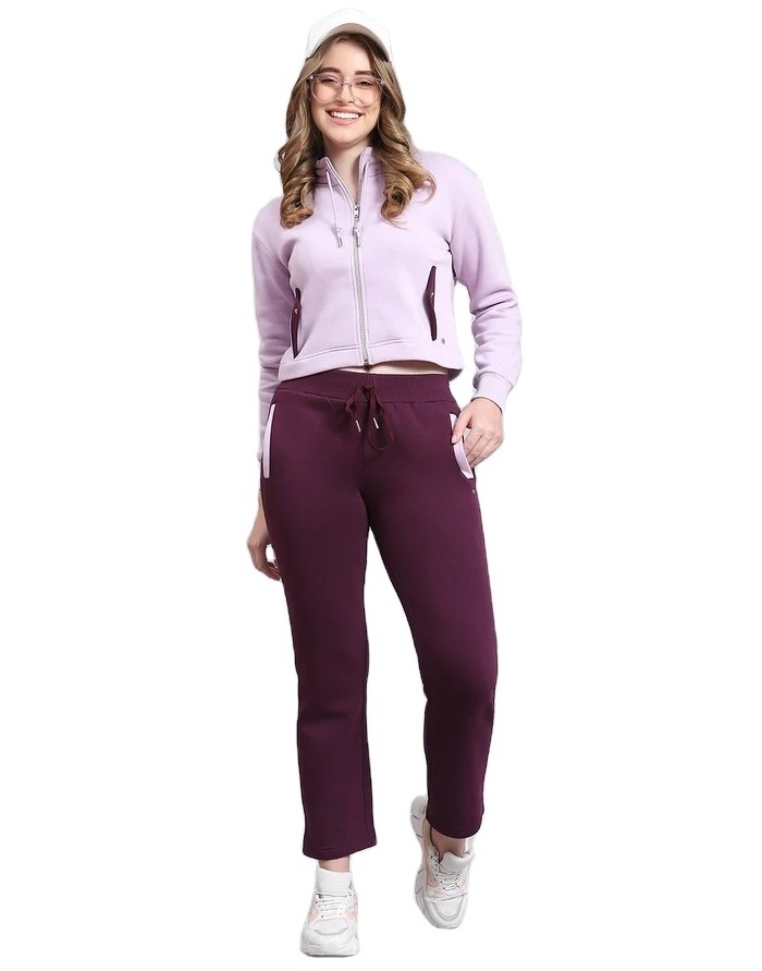 Women Purple Solid Stand Collar Full Sleeve Tracksuit