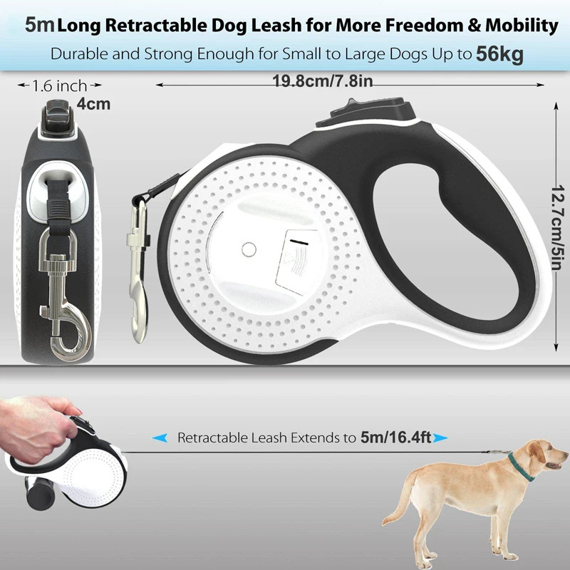 Custom Logo Adjustable Automatic Retractable Dog Leash with Bright LED Flash Light Up Poop Bag Holder Dispenser Pet Leash Lead