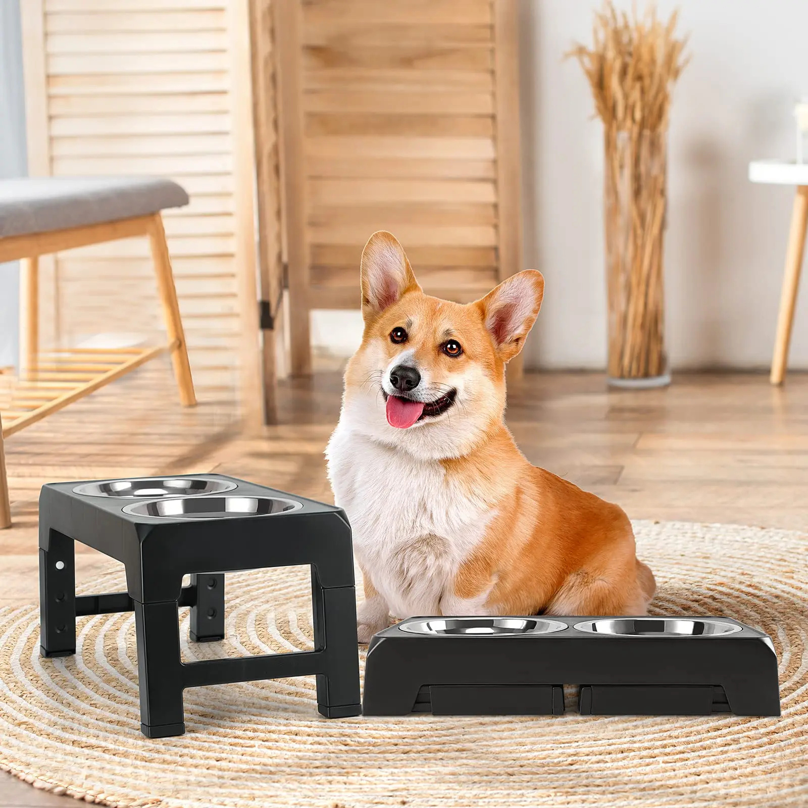 Dog Double Bowls Adjustable Elevated Feeder Pet Feeding Raise Cat Food Water Bowls with Stand Stainless Steel Lift Table for Dog