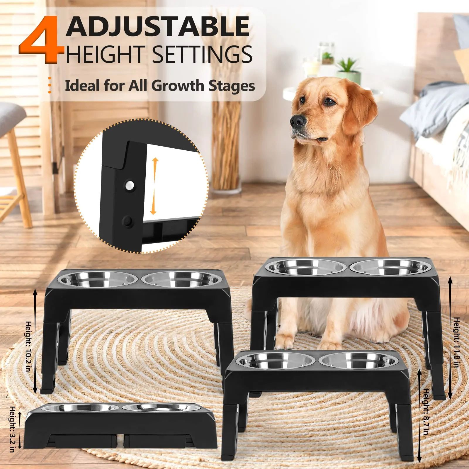 Dog Double Bowls Adjustable Elevated Feeder Pet Feeding Raise Cat Food Water Bowls with Stand Stainless Steel Lift Table for Dog