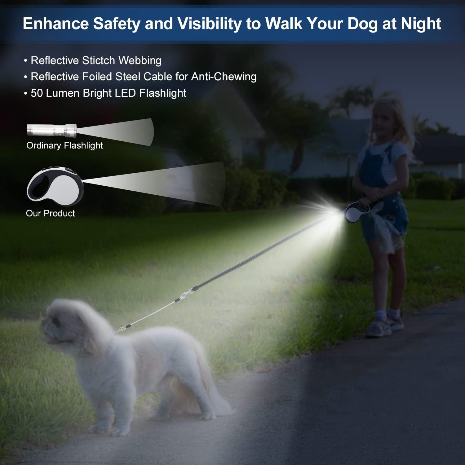 New Reflective Nylon Tape Retractable Dog Leash Pet Lead With Led Light