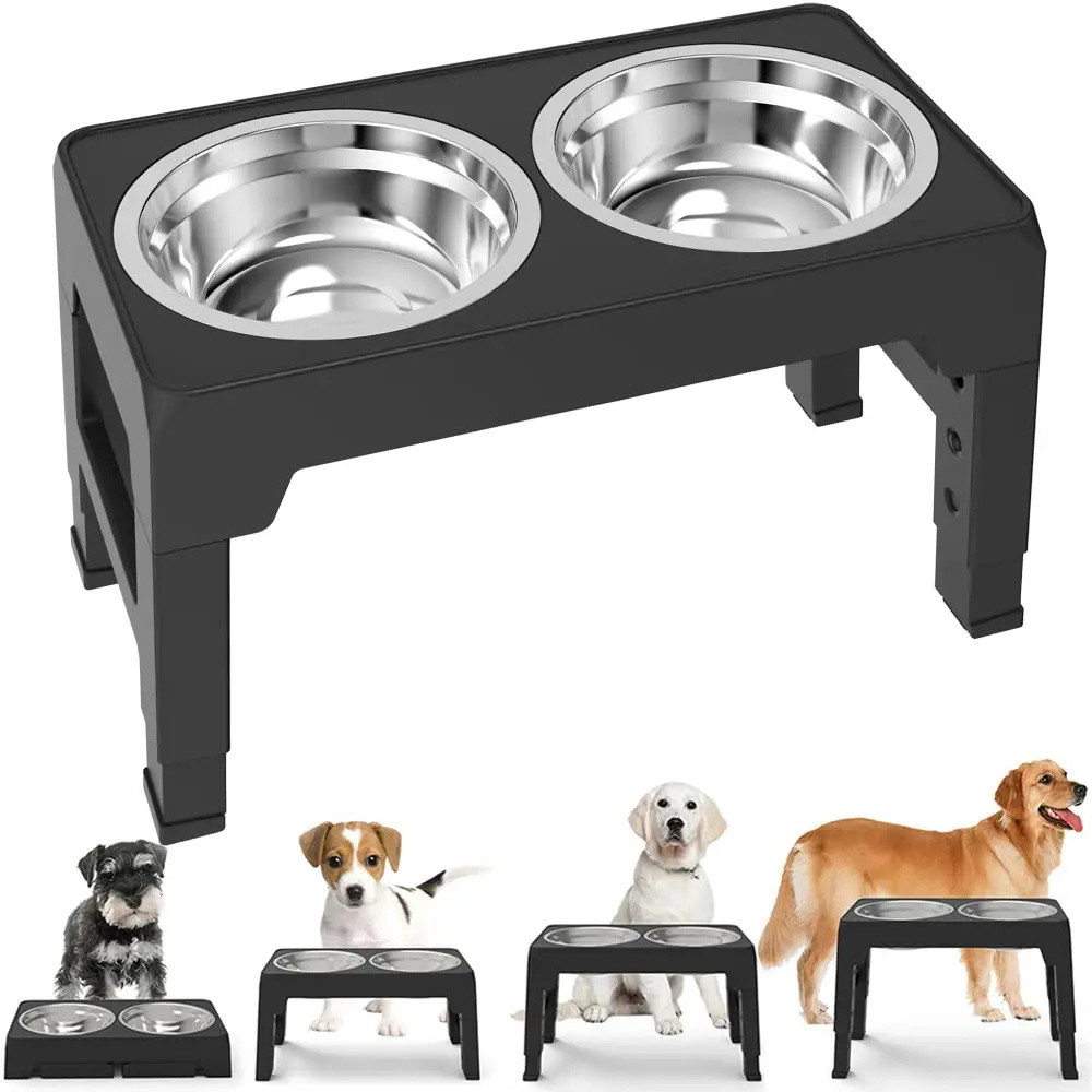 Dog Double Bowls Adjustable Elevated Feeder Pet Feeding Raise Cat Food Water Bowls with Stand Stainless Steel Lift Table for Dog