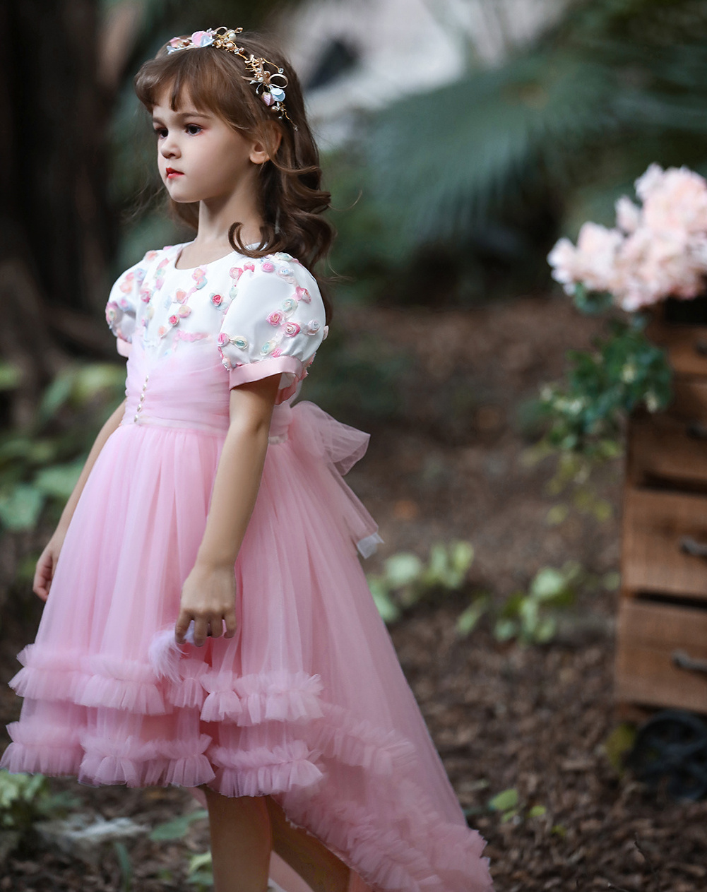 2022 Summer Girls Dress  Bridesmaid Kids Dresses For Girls Children  Princess trailing Dress Party Mesh floral tutu skirt HH