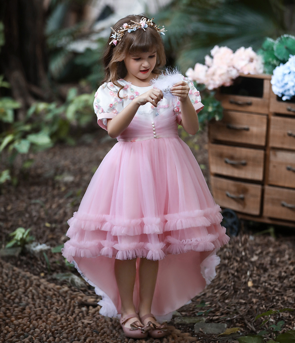 2022 Summer Girls Dress  Bridesmaid Kids Dresses For Girls Children  Princess trailing Dress Party Mesh floral tutu skirt HH