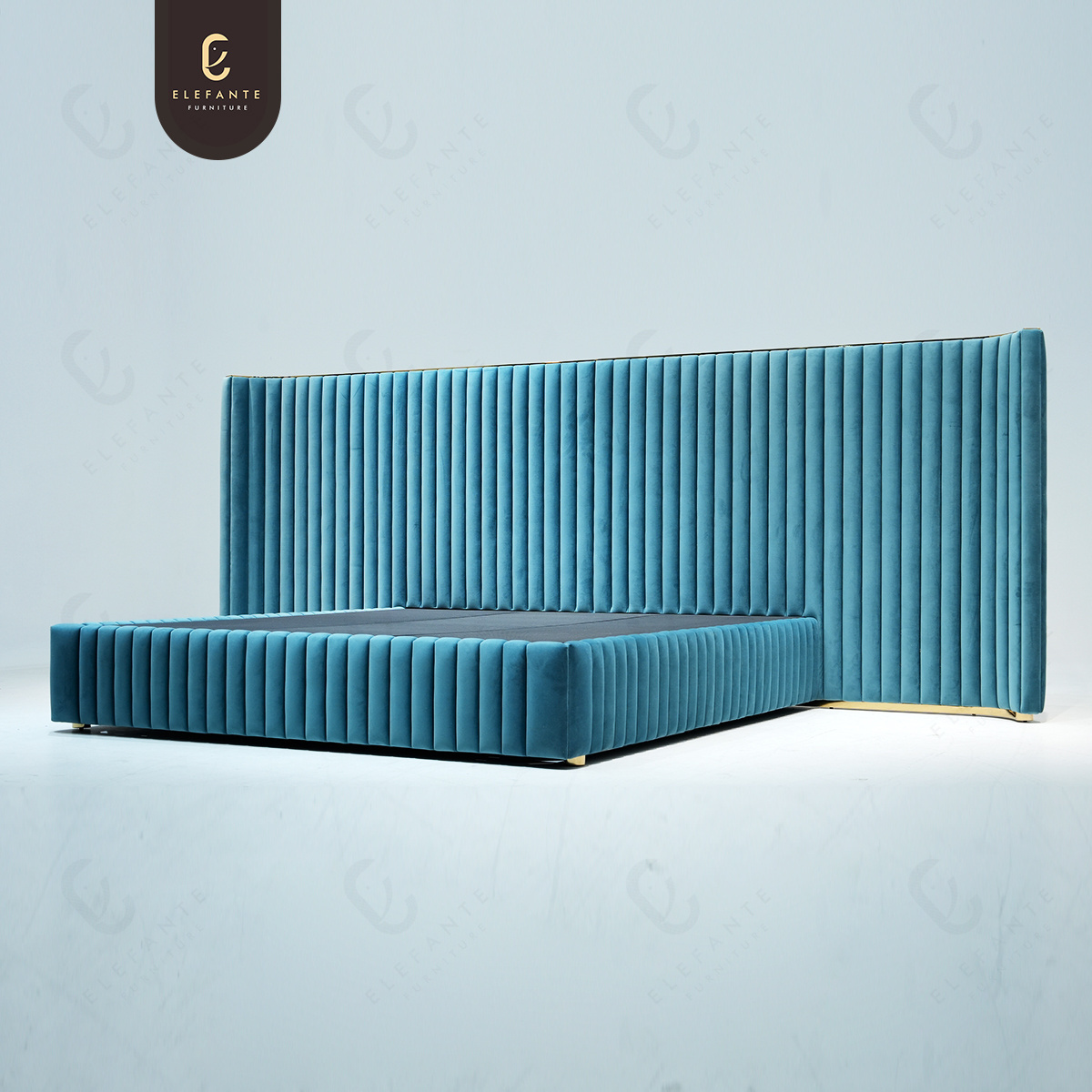 Italian Style Curved Velvet Headboard Blue Bed Frame Master Bedroom Bed Smart Bed King Size