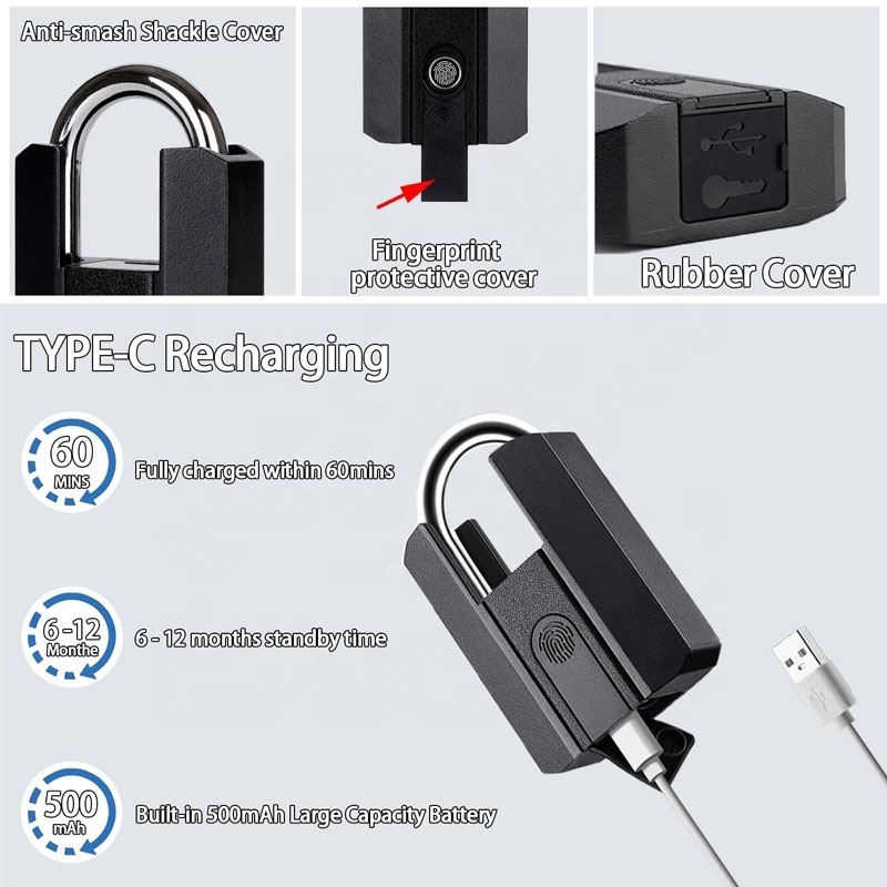 Fingerprint Padlock with Key Mobile Phone APP Fingerprint and Key Unlock  Large Size Smart Padlock Outdoor Waterproof