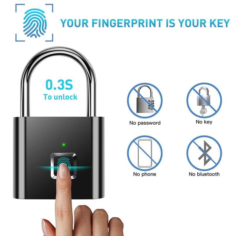 Low Battery Fingerprint Padlock Ultra One Touch Open Fingerprint Locks with USB Charging for Gym