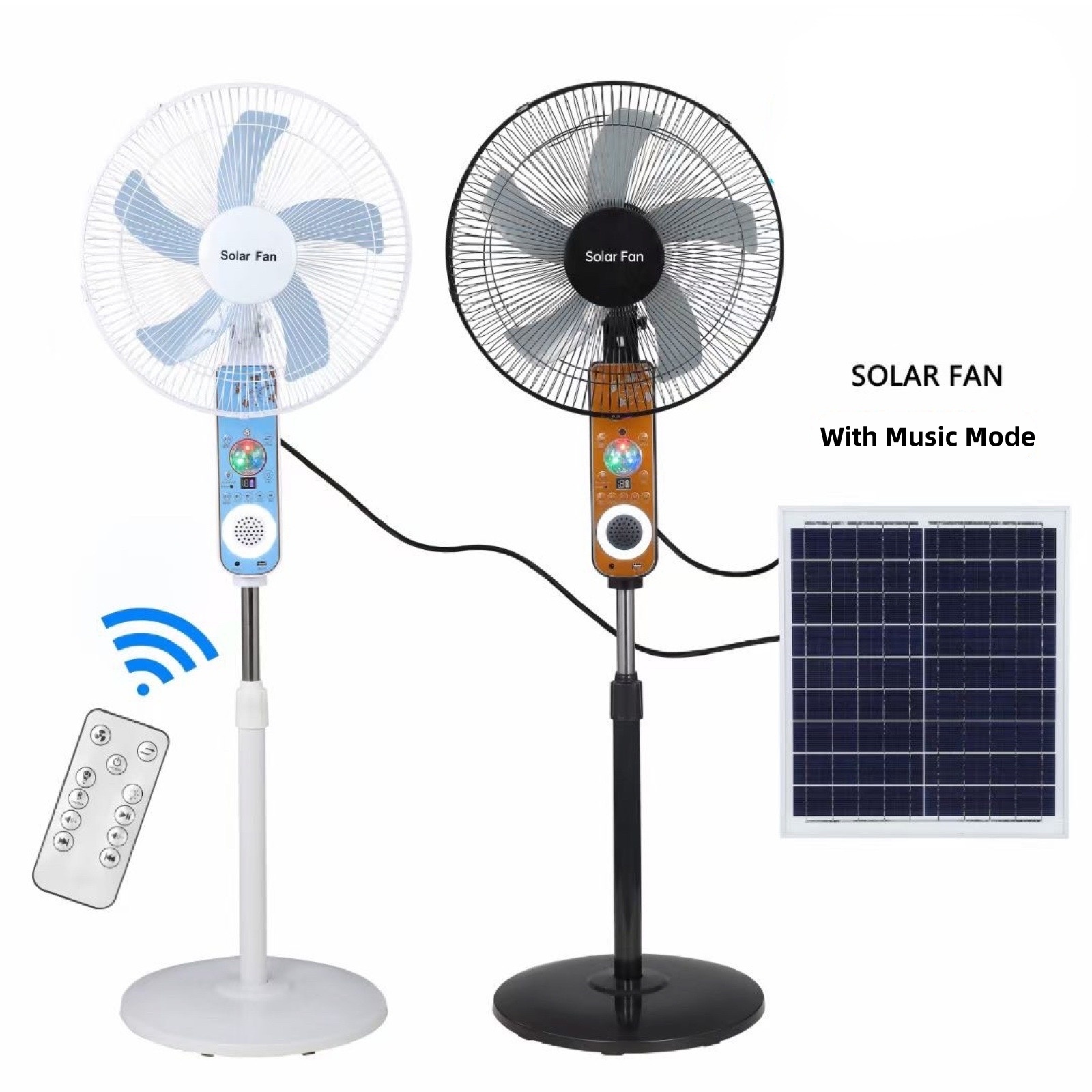 New Hot Sale 16 Inch Solar Fan Atmosphere Music Light Blue too th and USB Disc Music Playback Function 5v Bulb Output