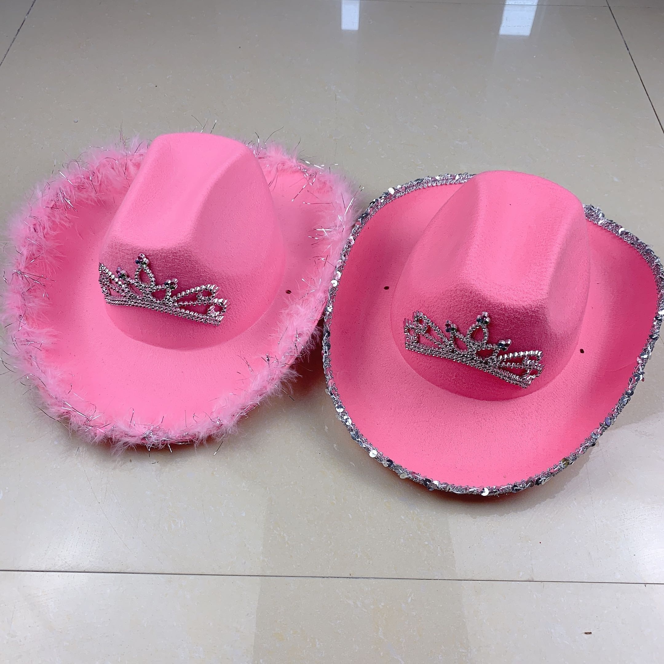 Pink Rhinestone Bling Blinking Luxury Kids Pearls Felt Fuzzy Fashion Cowboy Cowgirl Hats