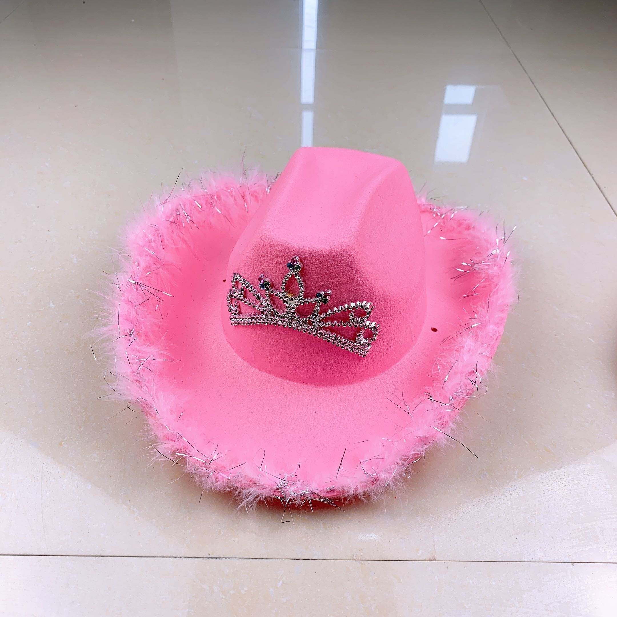 Pink Rhinestone Bling Blinking Luxury Kids Pearls Felt Fuzzy Fashion Cowboy Cowgirl Hats