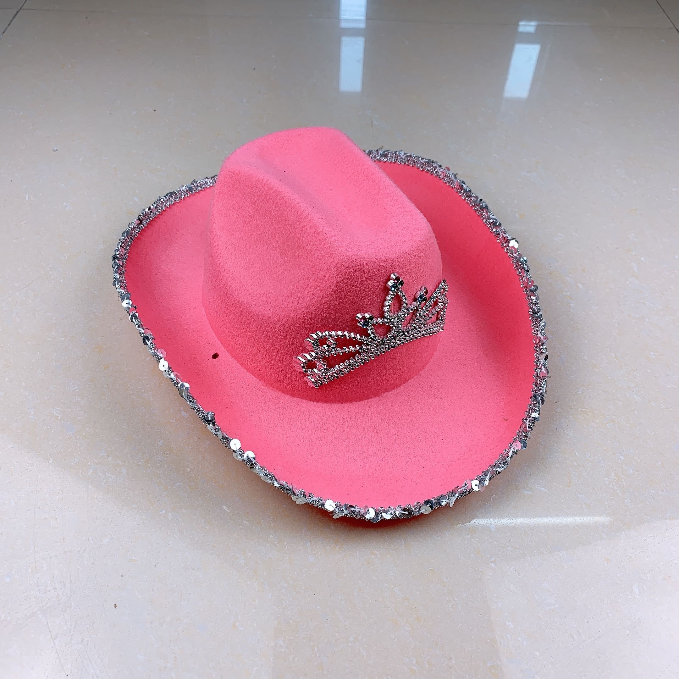 Pink Rhinestone Bling Blinking Luxury Kids Pearls Felt Fuzzy Fashion Cowboy Cowgirl Hats