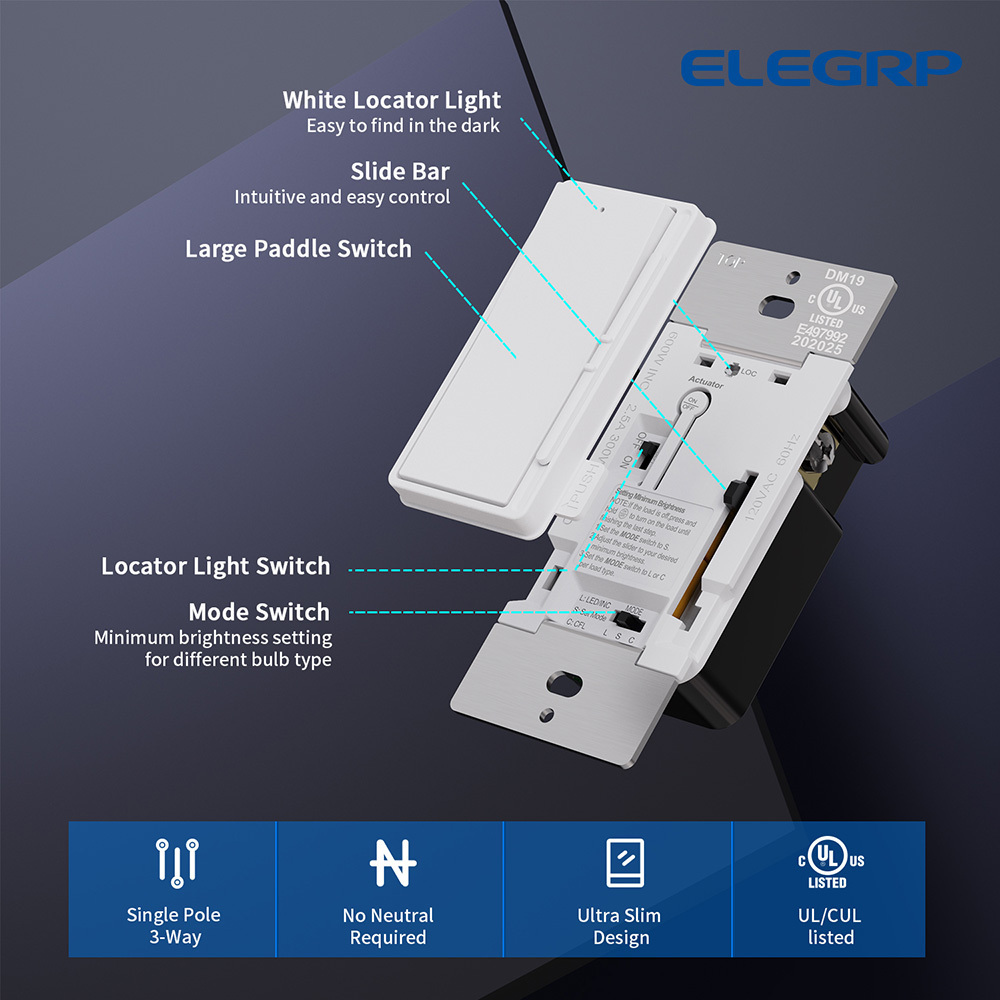 120V 60Hz Single Pole/3-Way In-wall slide ac dimmer controller digital dimmer switch with wall plate for LED CFL Bulbs