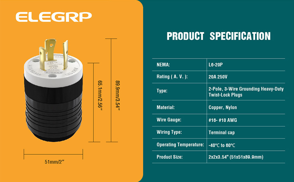L6-20P Locking Plug 3 Wire Generator 20 Amp Heavy Duty twist-lock adapter twist lock plugs