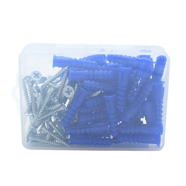 elehk 7mm x 30mm plastic ribbed anchor kit with screw bule color pe material expansion ribbed wall plug from china