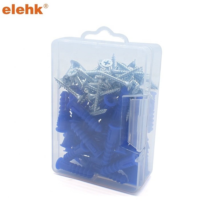 elehk 7mm x 30mm plastic ribbed anchor kit with screw bule color pe material expansion ribbed wall plug from china