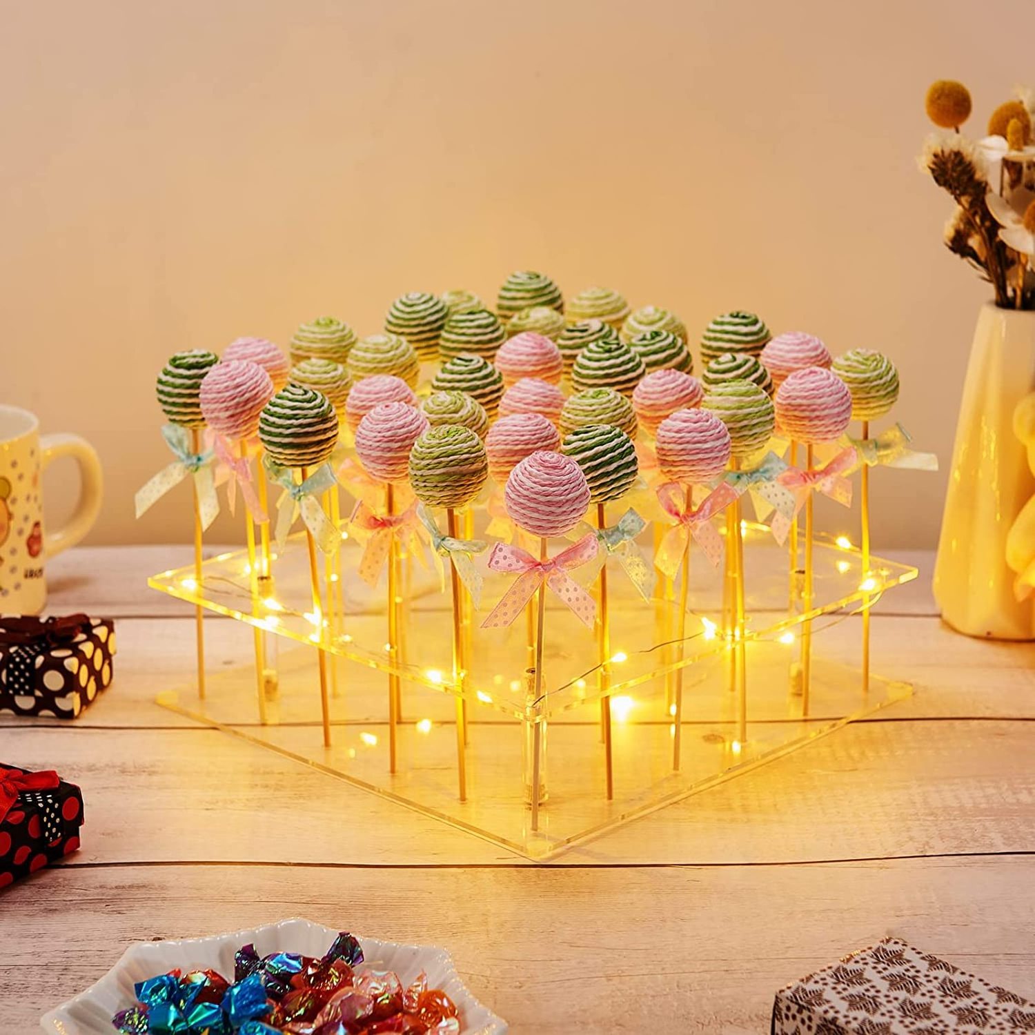 36 Hole Clear Lollipop Holder with LED String Lights, Ideal for Weddings Baby Showers Birthday Party Anniversaries Holiday Candy