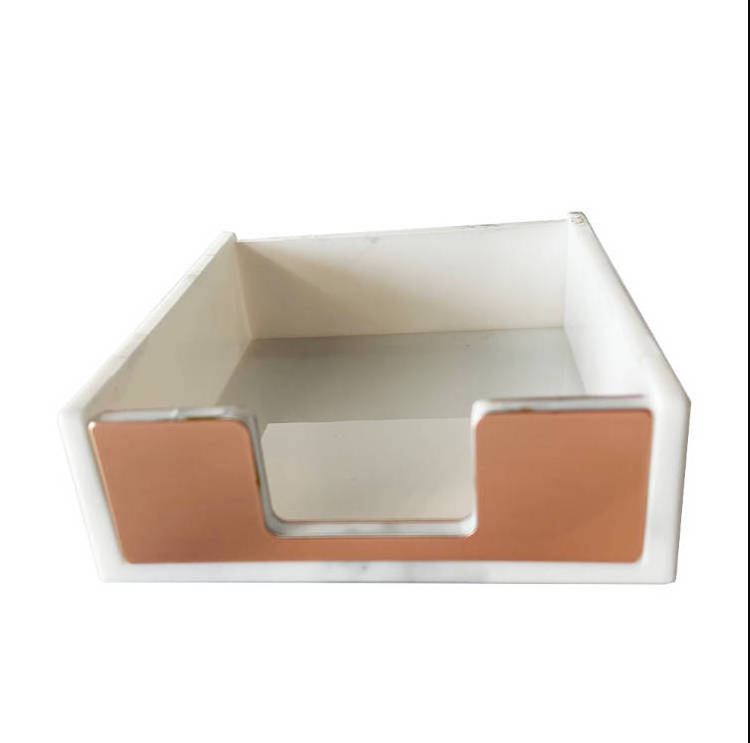 Acrylic Office Supplier Note Paper Tray Marble White Rose Gold Desktop Notepad Holder Acrylic Sticky Note Holder