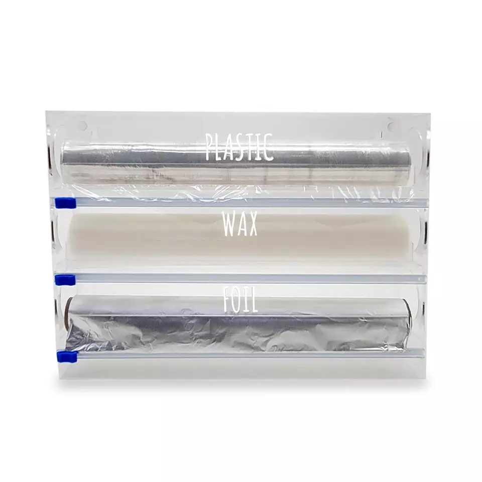 Acrylic Roll Organizer Wax Paper Dispenser Cutter Wrap Aluminum Foil Dispenser With Cutter For Kitchen Drawer