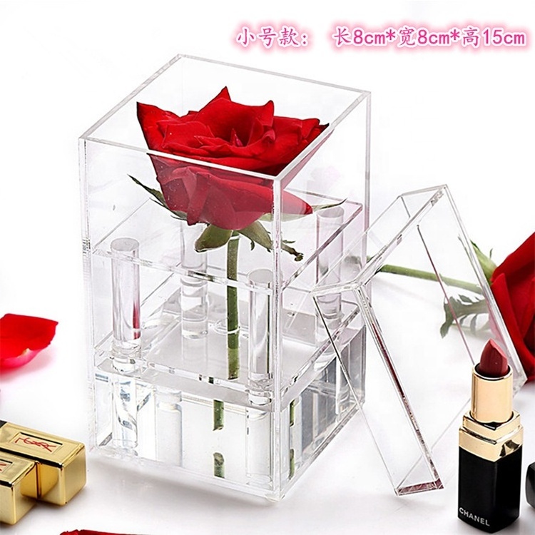 Clear Acrylic Eternal Flower Gift Box, Decorative Floral Pots Stand, Modern Square Single Flower Vase Water Holder