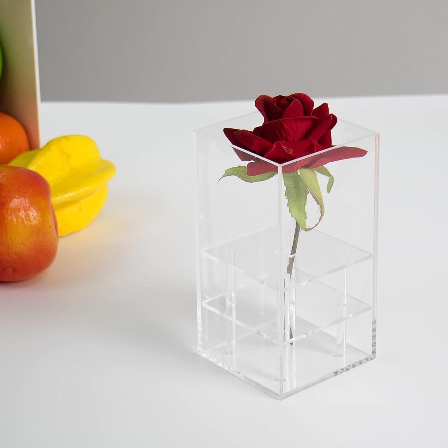 Clear Acrylic Eternal Flower Gift Box, Decorative Floral Pots Stand, Modern Square Single Flower Vase Water Holder