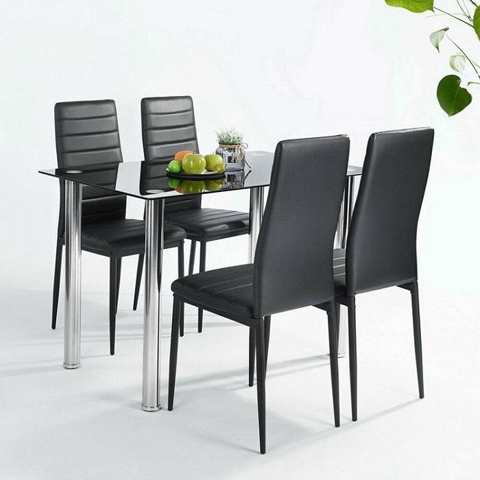 China Factory sale modern design dining room furniture black tempered glass top tables and chairs cheap dining table set