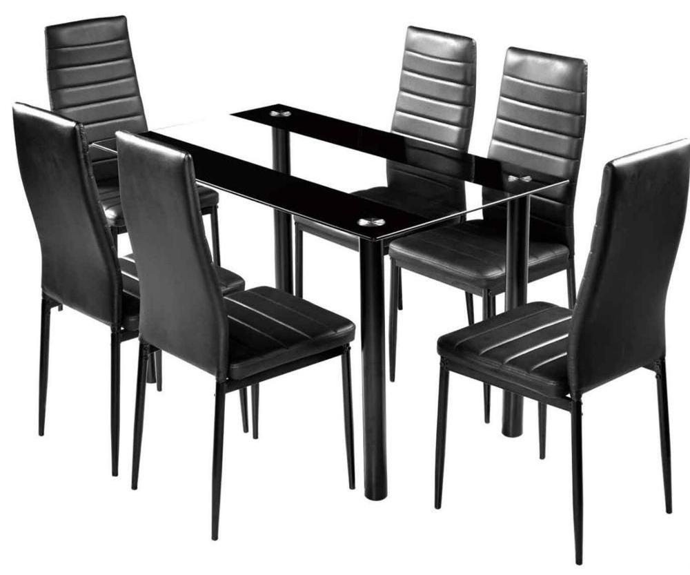 China Factory sale modern design dining room furniture black tempered glass top tables and chairs cheap dining table set