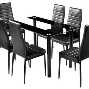 China Factory sale modern design dining room furniture black tempered glass top tables and chairs cheap dining table set