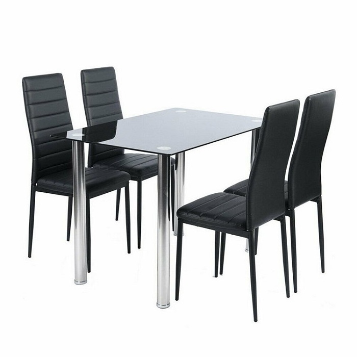 China Factory sale modern design dining room furniture black tempered glass top tables and chairs cheap dining table set