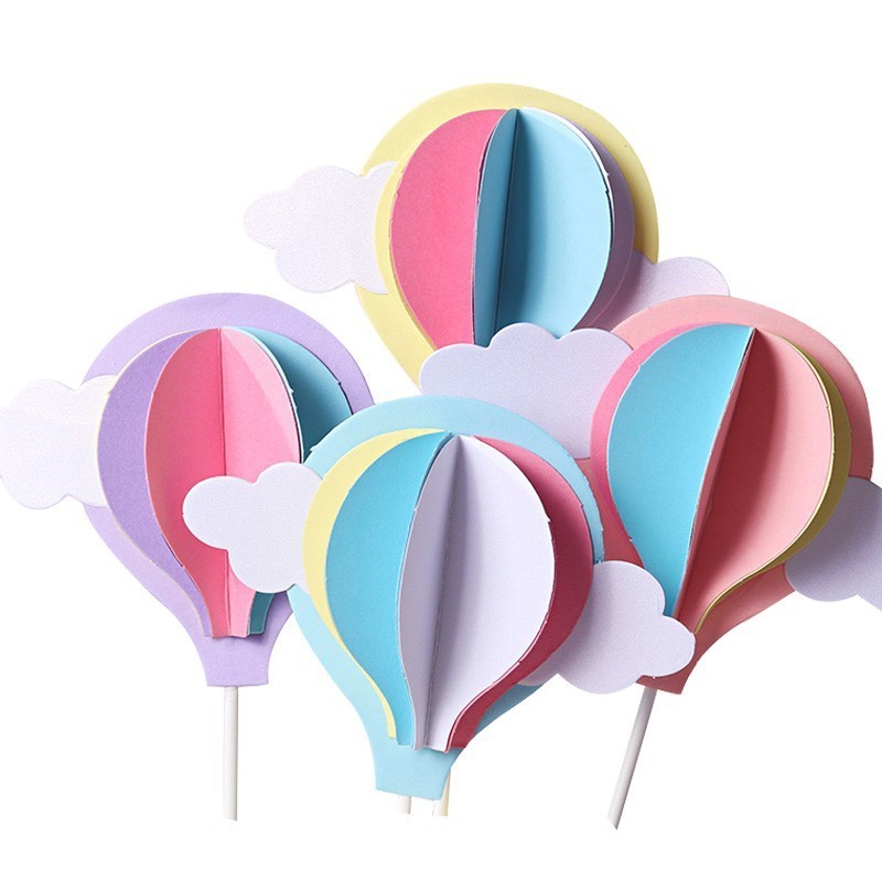 Wedding Birthday Party Favors Random Color Lovely 3D Hot Air Balloon Cake Topper Paper Cake Picks Cupcake Toppers Decor