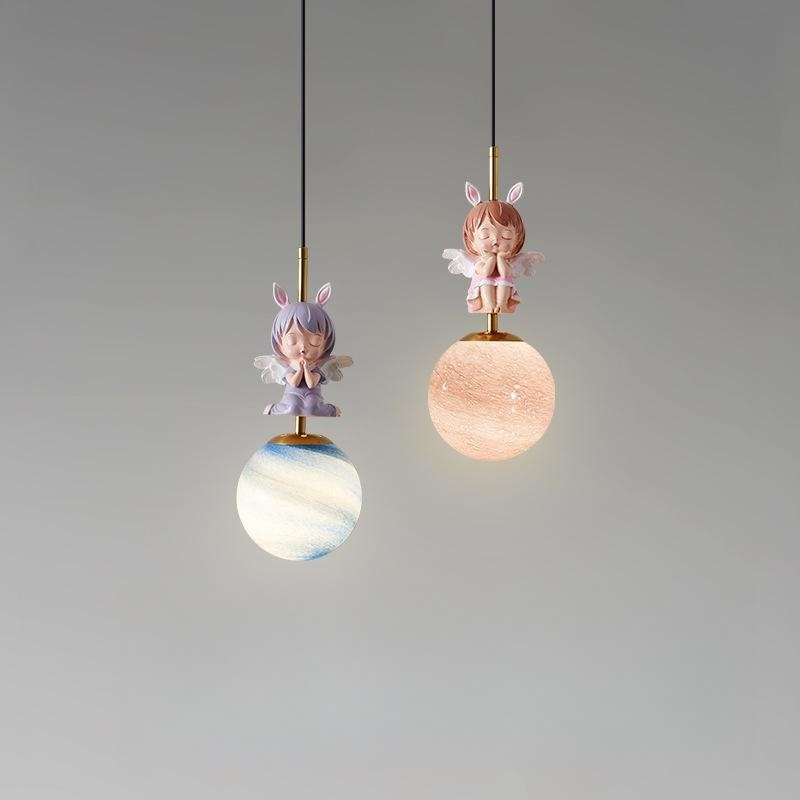 Modern simple boys girls princess room chandelier children bedroom pink blue resin pendant light carousel led ceiling lamp