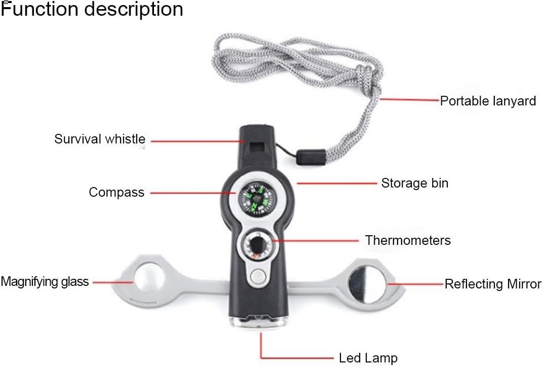 New Multifunctional 7-in-1 Outdoor Rescue Emergency Survival Whistle with Mirror Magnifier Thermometer Compass LED Light