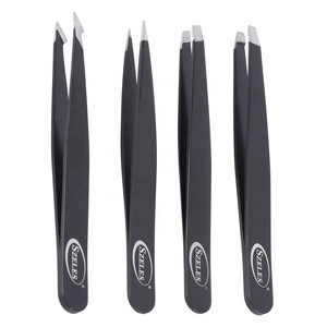 Custom Logo Personal Beauty 4 Pieces Eyebrow Makeup Tool Eyelash Tweezer Kit Clip Curved Slanted Pointed Eyebrow Tweezers Set